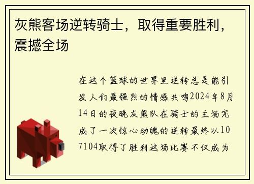 灰熊客场逆转骑士，取得重要胜利，震撼全场